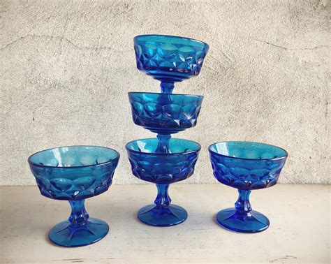 Set Of Five Cobalt Blue Glass Thumbprint Dessert Dishes Goblets Vintage Sherbert Cups Compotes