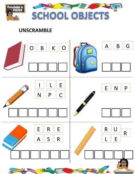 School Objects Unscramble Worksheet