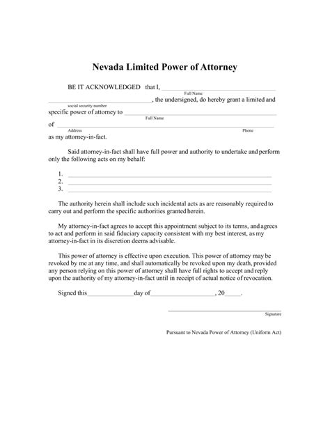 Free Nevada Limited Power Of Attorney Form Pdf Word Eforms Free
