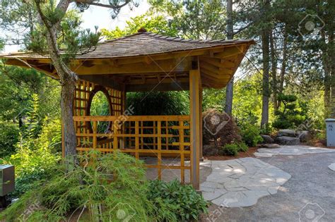 Wooden Gazebo At Tsuru Island Japanese Garden In Gresham Oregon Stock