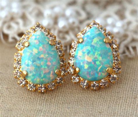 Opal Earrings Mint Opal Earrings Stud Earrings Rhinestone Studs