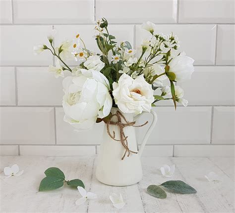 White Flowers In Vase Artificial Flower Arrangement Cream Jug Etsy Uk