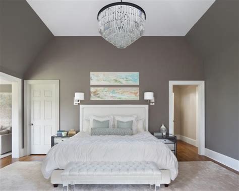 Transitional Gray Bedroom With Glamorous Chandelier Hgtv