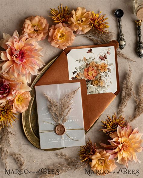 Fall Terracotta Acrylic Wedding Invitation Set Real Pampas Grass