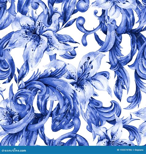 Watercolor Blue Baroque Seamless Pattern With White Royal Lilies Hand