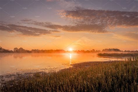 Sunrise Above The Pond With Fog High Quality Nature Stock Photos