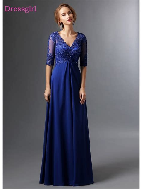 Royal Blue 2019 Mother Of The Bride Dresses A Line V Neck Half Sleeves Chiffon Lace Long Elegant
