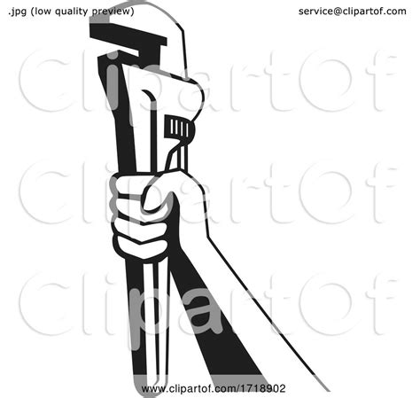 Hand Of Plumber Holding Up Pipe Wrench Retro Black And White By