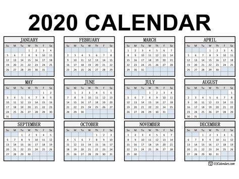 Yearly Calendar 2020 Free Download And Print Gambaran