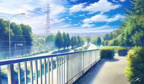 Download 1920x1080 Anime Landscape Fence Street Trees Clouds Road
