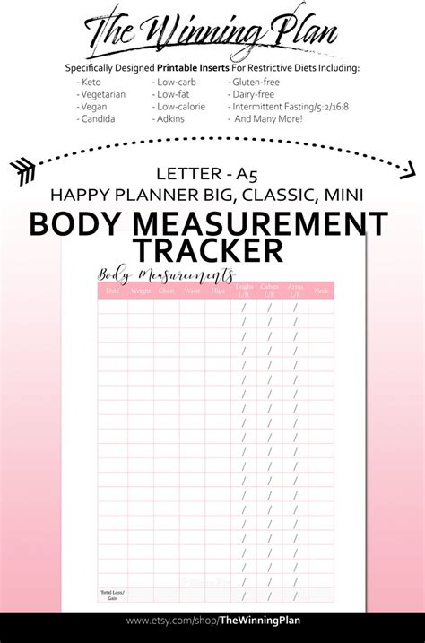 Body Measurements Tracker Printable Planner Insert Fitness Etsy Pink