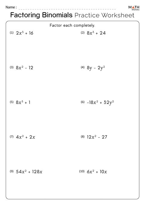 Factoring Binomials Worksheets Math Monks