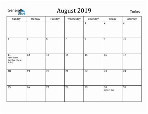 August 2019 Calendar With Turkey Holidays