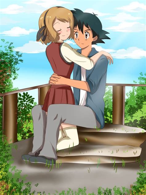 Two People Hugging Each Other On A Wooden Bench In Front Of Some Trees
