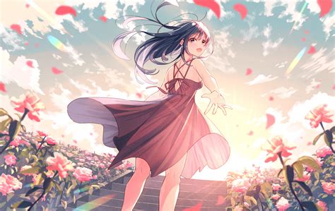 Anime Girls Dress Sun Flowers Smile Long Hair Windy Artwork Koh Rd