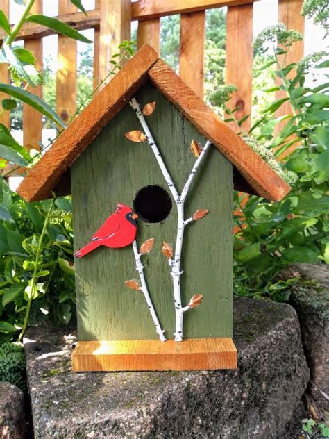 Handmade Wood Birdhouse With Hand Painted Cardinal And Birch Trees