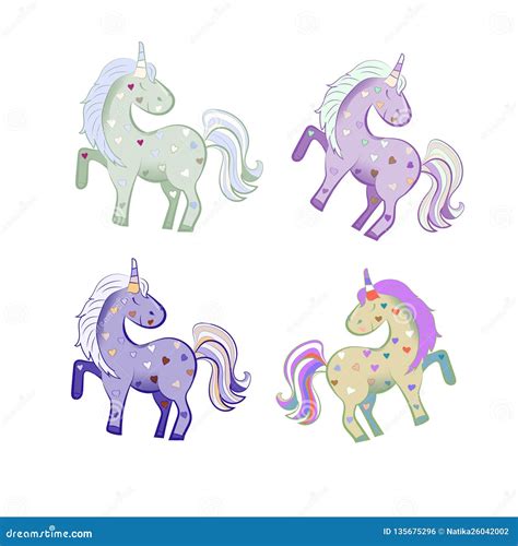 4 Unicorns In Pastel Colors With Hearts Vector Illustration Stock