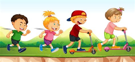 C'est le printemps et ce petit lapin est enfin sorti de son terrier. Four kids running and scooting in park - Download Free Vectors, Clipart Graphics & Vector Art