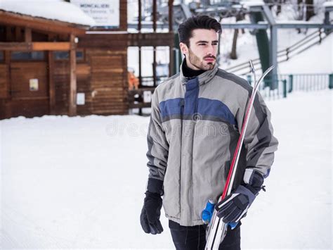 Handsome Man With Ski Standing In Snow Stock Photo Image Of Cold