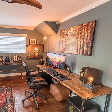 Wow This Setup Tho Loving The Wood Desk In Living Room Home Home