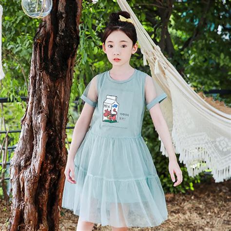 Dfxd New Children Clothing Big Girls Dresses Summer Short Sleeve Print