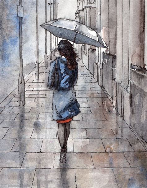 Girl With Umbrella By ~ardillas Watercolour On Paper With Ink Lines