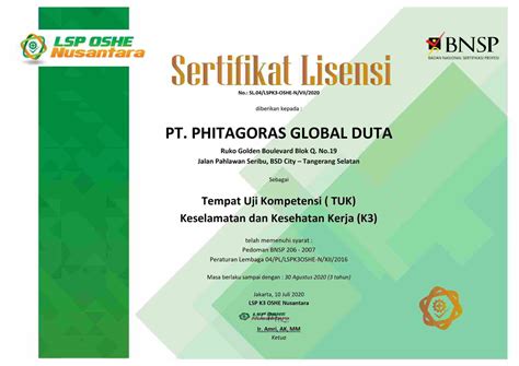 Sertifikat Lisensi Ohse Nusantara Phitagoras Training And Consulting