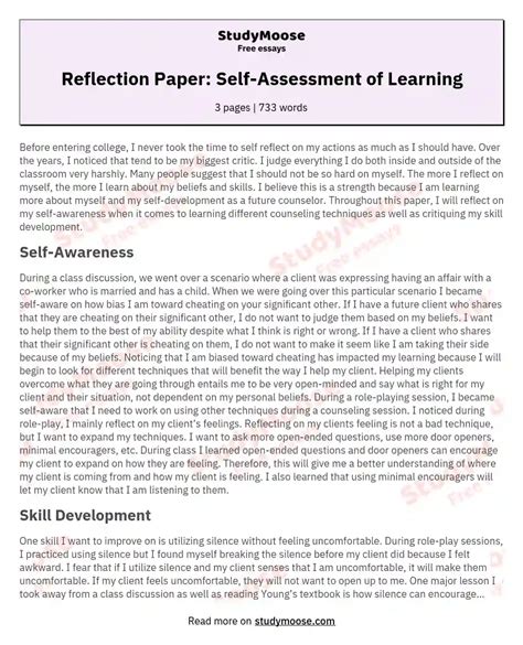 Reflection Paper Self Assessment Of Learning Free Essay Example