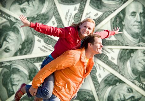 Portrait Young Love Couple Smiling Under Money 100 American Dol