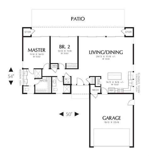 Small Modern L Shaped 2 Bedroom Ranch House Plan
