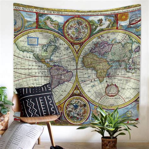 51×59 Inches Watercolor World Map Tapestry Wall Hanging Colorful Map