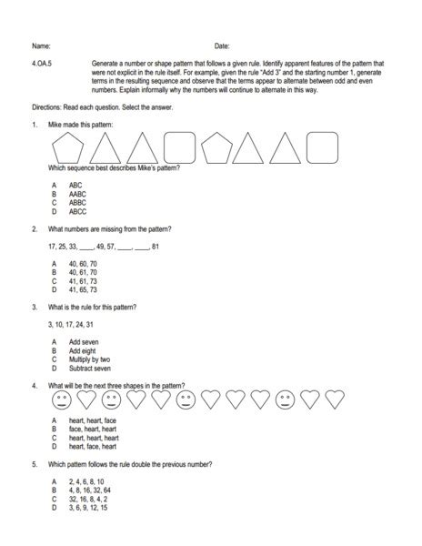 Free interactive exercises to practice online or download as pdf to print. 4.OA.5 Questions Worksheet for 4th - 6th Grade | Lesson Planet