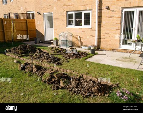 Trenches Dug Into A Garden Of A New Build House In Preparation Of Stock