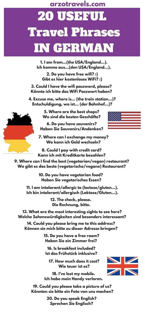 A Poster With The Words 20 Useful Travel Phrases In German And English