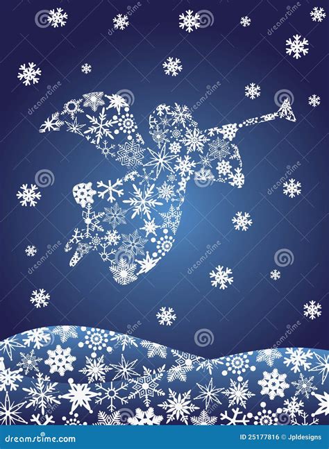 Angel With Trumpet Silhouette With Snowflakes Stock Vector