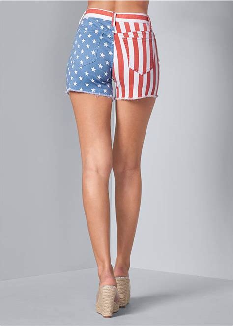 American Flag Denim Shorts In Red Multi Venus