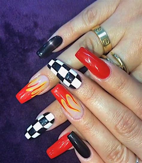 25 › Edgy Checkered Flame Nails Unique Acrylic Nails Checkered