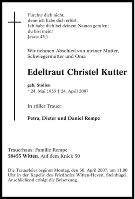 Traueranzeigen Von Edeltraut Christel Kutter Trauer In Nrw De