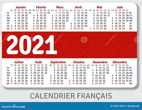 French Calendar Grid For 2021 In The Form Of A Pocket Calendar Or