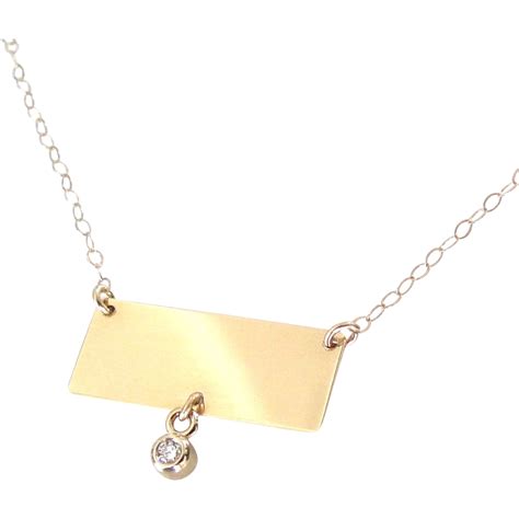 14k Gold Nameplate Necklace Rectangle With Diamond Drop Yellow Or