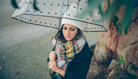 Young Girl Holding Umbrella In An Autumn Rainy Day Stock Image Image