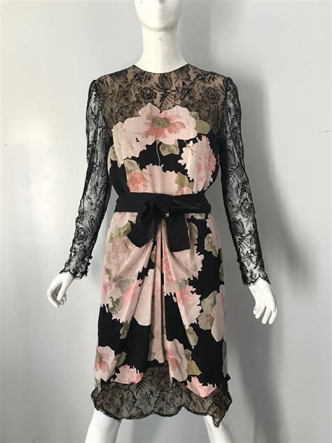 80s bill blass blossom floral print silk illusion black lace cocktail dress vintage 1980s