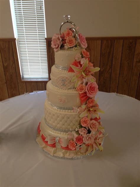 Coral Themed Wedding Cakes Tons Of Sugar Flowers