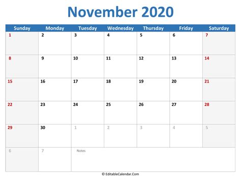 November 2020 Printable Calendar With Holidays