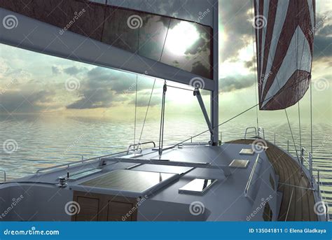 Sailing Lboat At Open Sea Towards Sunset D Illustration Stock