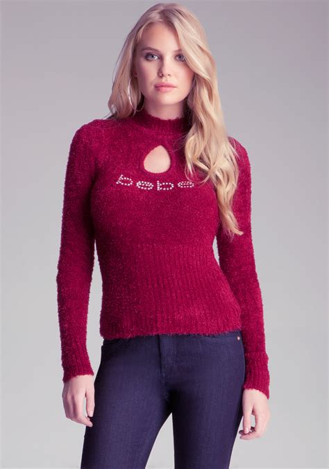 Lyst Bebe Logo Keyhole Sweater In Red