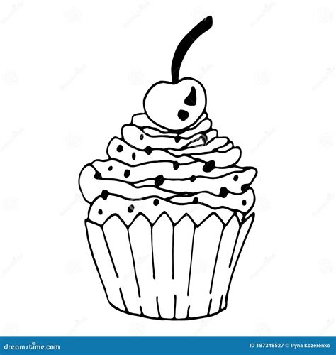 Abbildung Des Vektorschwarzweiss Kleinen Kuchen Mit Kirsche Handzeichnendes