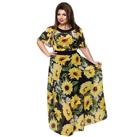 2018 Women Plus Size Clothing Summer Beach Dress Sunflower Floral Chiffon Long Dress Flare