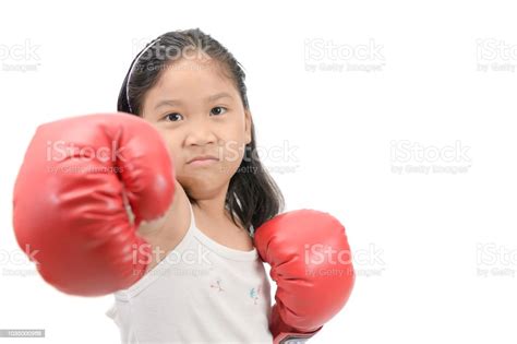 Girl Fighting With Red Boxing Gloves Isolated Stock Photo Download
