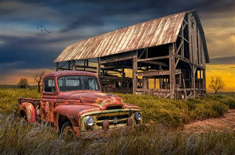 Red Pickup Truck By Old Weathered Barn Rustic Landscape Etsy